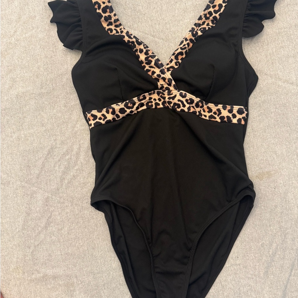 Black Swimsuit with Leopard Print Accents